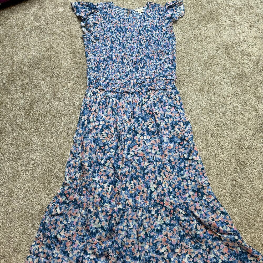 Shoshanna Wo Parker Smocked Dress in Periwinkle Blue Multi MIDI MSRP $418 - Picture 4 of 8